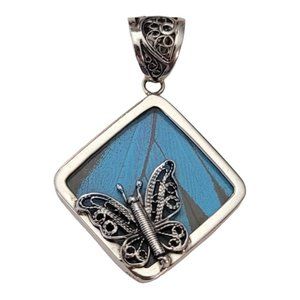 Sterling Silver Butterfly Charm, Blue Wing Large Filigree Bale Pendant E584